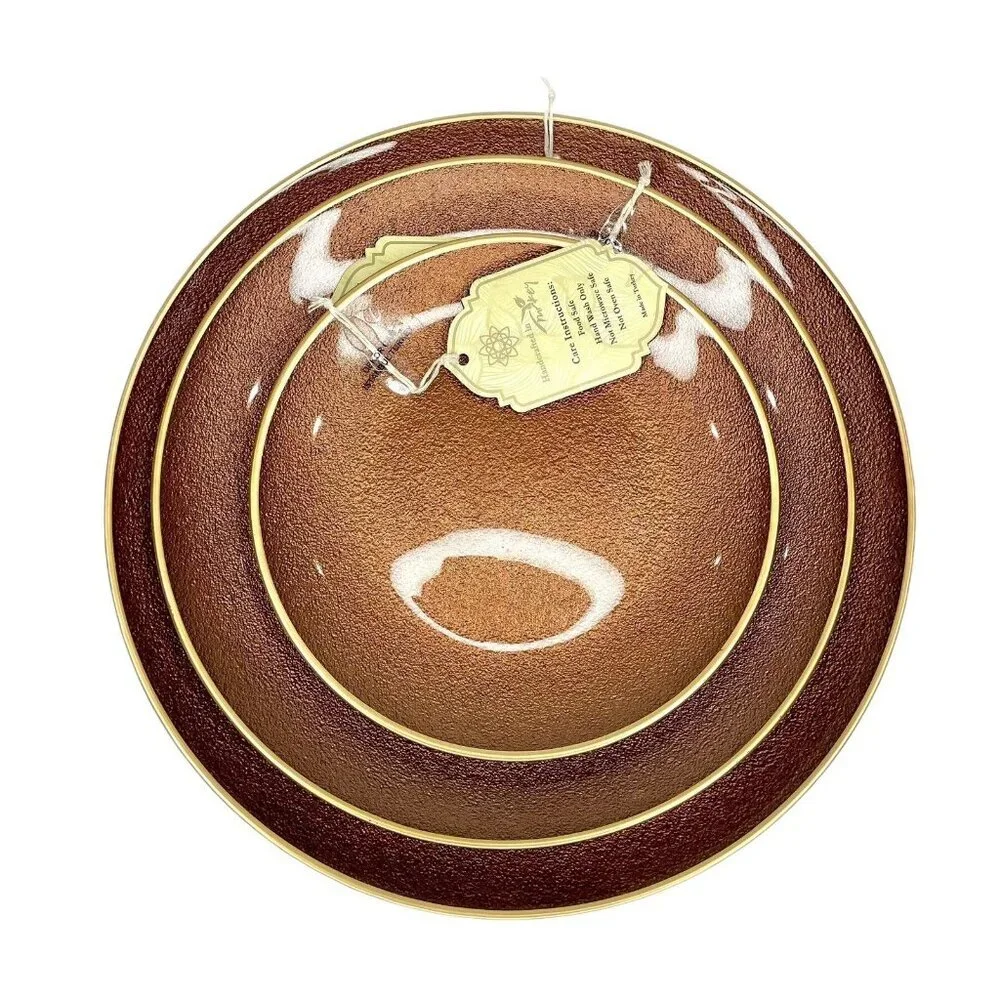 Turkish Glass 4 Charger Plates Set Brown Bronze Textured Gold Rim 13
